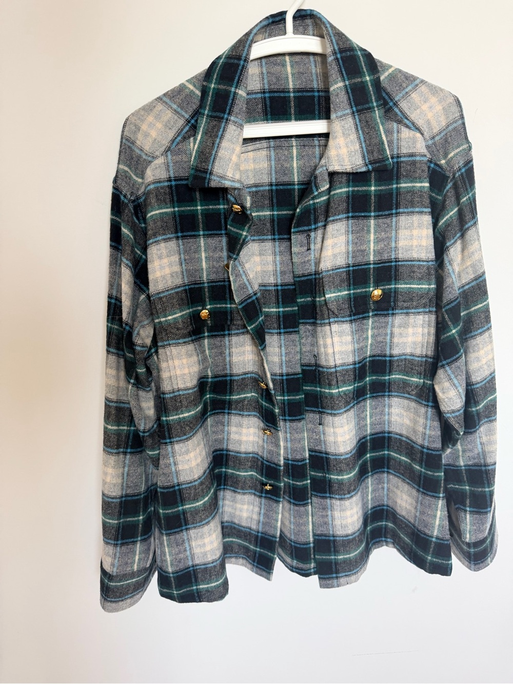 Plaid Wool Blend Oversized Shacket Shirt Jacket Gold Buttons L
